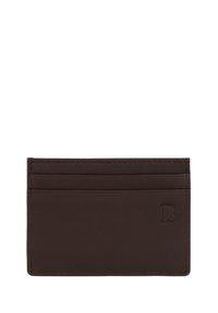 Brown leather card holder with a smooth texture, featuring four card slots and embossed logo on the front. Simple, rectangular design.
