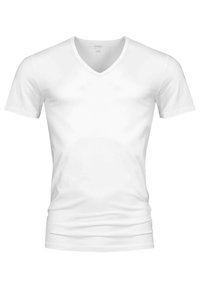 White short-sleeve t-shirt with a V-neck design, made from soft fabric, featuring a fitted shape and smooth texture without patterns or accents.