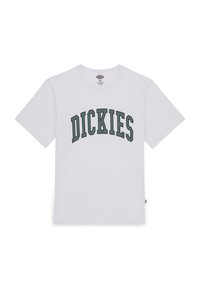 Bílá bavlněná tričko s nápisem "DICKIES" ve tmavě zeleném obloukovém písmu přes hrudník. Kulatý výstřih a krátké rukávy.