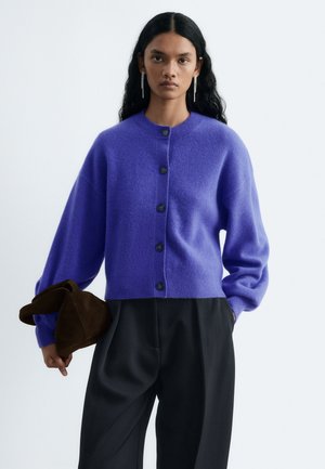 Femme aux longs cheveux noirs porte un cardigan violet boutonné, un pantalon noir, des boucles d'oreilles argentées et tient un sac à main en daim brun plié.