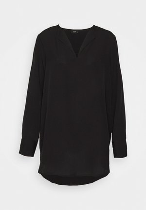Black long-sleeve blouse with a V-neck collar and buttoned cuffs, slightly longer back hem, displayed on a plain white background.