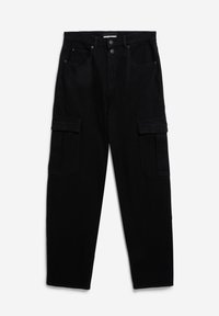 Schwarze Cargo-Hosen mit geradem Bein, ausgestattet mit zwei Vorderstaschen und zwei seitlichen Cargo-Taschen, aus robustem Baumwollstoff.