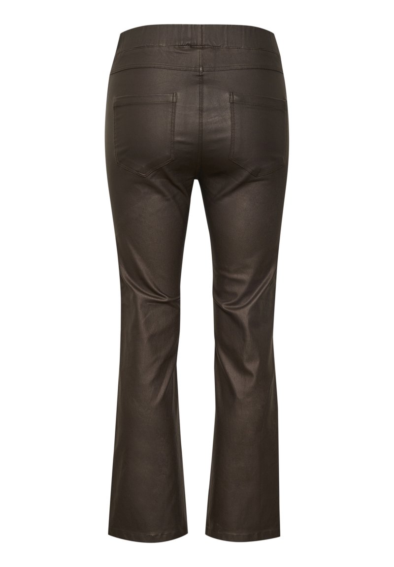Brązowe spodnie z sztucznej skóry w stylu dzwonów, z wysokim stanem, wyposażone w dwie tylne kieszenie oraz gładką, błyszczącą fakturę.