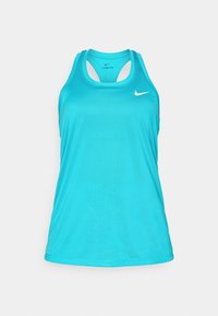 Top sin mangas de Nike en color turquesa, confeccionado en tejido ligero. Presenta un escote redondeado, diseño de espalda de nadador y un pequeño logo blanco en la parte frontal.