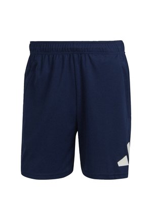 Navy blue athletic shorts with an elastic waistband, two side pockets, and white logo accents. Smooth, lightweight fabric.