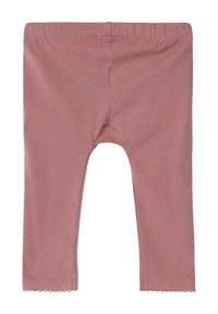 Rosa Leggings mit glatter Textur, ausgestattet mit einem dehnbaren Bund und gewellten Säumen, entworfen für einen bequemen Tragekomfort.