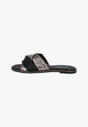 Black and metallic slide sandals featuring a crossed strap design, smooth texture, flat rubber sole, and a logo on the insole.
