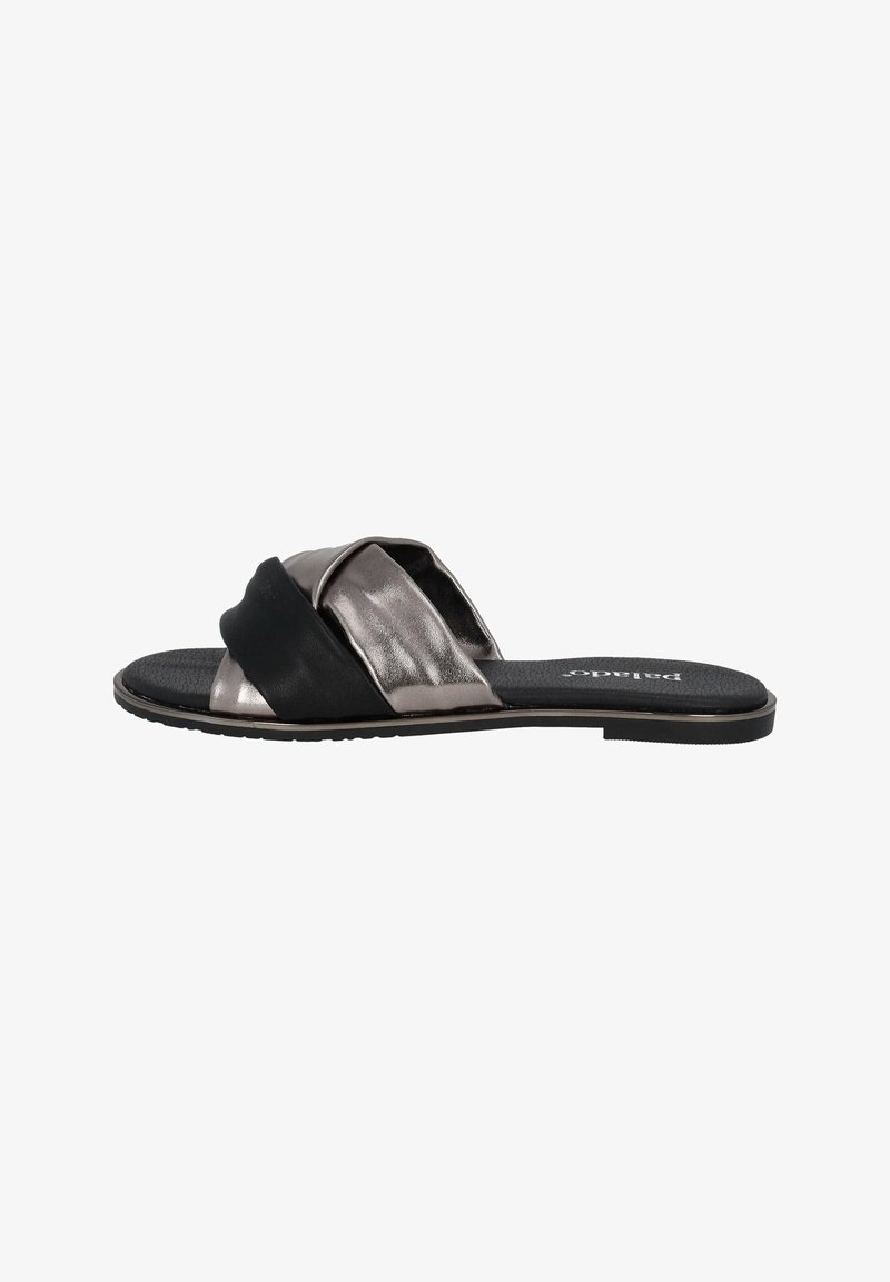Zwarte en metalen slide sandalen met een gekruist bandontwerp, gladde textuur, platte rubberen zool en een logo op de binnenzool.