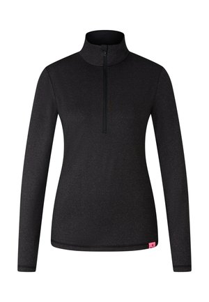 Black long-sleeve pullover with a zip neck, structured texture, and a pink logo tag at the hem. Features a fitted design for comfort.