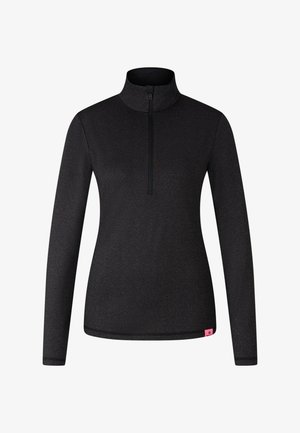 Black long-sleeve pullover with a zip neck, structured texture, and a pink logo tag at the hem. Features a fitted design for comfort.