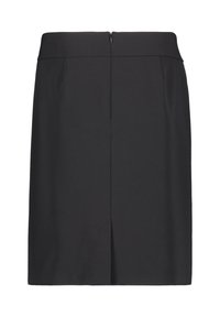 Svart blyertskjol med en slät textur, utrustad med en dold dragkedja bak och en sprund för ökad rörelsefrihet. Enkel, skräddarsydd design.