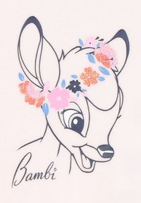 Illustration de Bambi présentant une tête de cerf ornée de fleurs colorées en rose, orange et bleu, sur un fond rose doux.