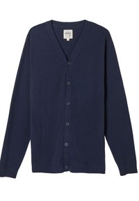 Marineblauer Langarm-Cardigan mit V-Ausschnitt, fünf Knöpfen vorn, gerippten Bündchen und Saum, innen am Kragen mit „FatFace“-Etikett.