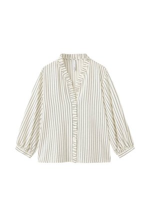 Camicia bianca a maniche lunghe con sottili righe verticali nere e un piccolo dettaglio di ruches lungo il colletto aperto anteriore e i polsini.
