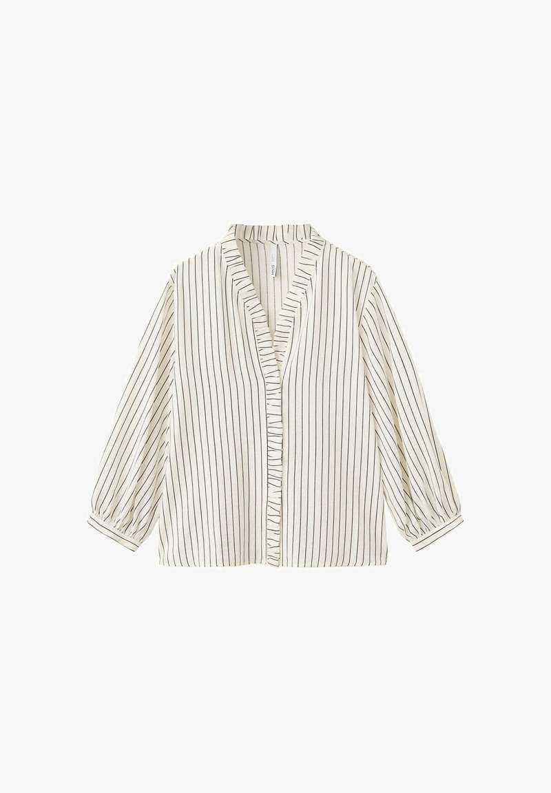 Blouse blanche à manches longues avec de fines rayures verticales noires et un petit détail volanté le long du col ouvert à l'avant et des poignets.