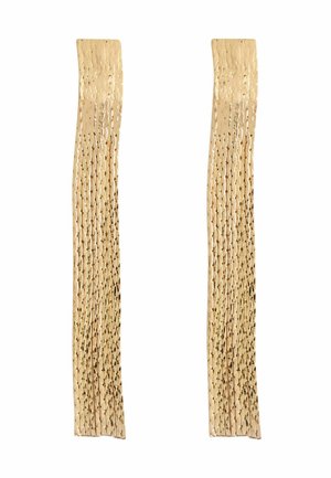Złote spinki do włosów o teksturowanym, plecionym wzorze, charakteryzujące się wydłużonymi, wąskimi kształtami oraz widocznymi perforacjami wzdłuż krawędzi.
