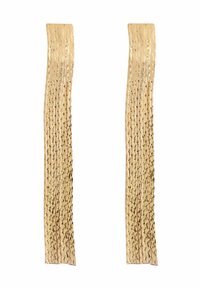 Gold-colored woven ribbons with a textured surface, featuring a fringed design and elongated shape, suitable for decorative use.