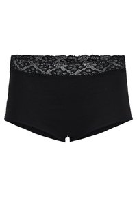 Zwarte katoen boyshorts met een kantelastiek. Het ontwerp is naadloos met een zachte textuur en decoratieve kantaccenten aan de bovenkant.