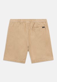 Pantaloni corti in corduroy beige chiaro con cintura elastica, tasche laterali e una tasca posteriore con un piccolo etichetta del marchio.