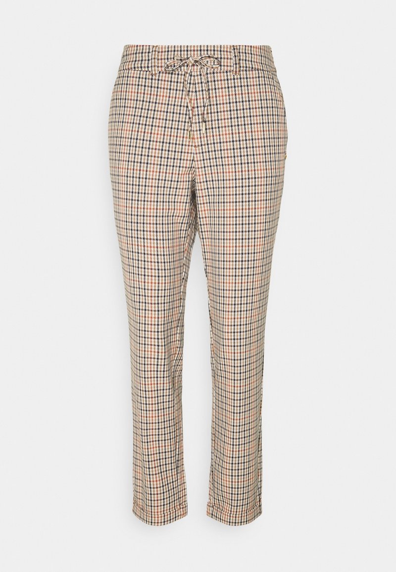 Beige plaid trousers with dark blue and orange check pattern, elastic waistband with drawstring, straight legs, and smooth fabric texture.