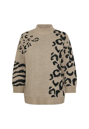 Beige neulepusero, jossa on korkea kaulus. Edessä ja hihoissa mustat eläinkuosikuvioinnit. Rento istuvuus ja teksturoitu kangas.