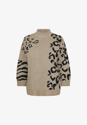 Pull en maille beige avec un col montant. Présente des motifs d'imprimé animal noir sur le devant et les manches. Coupe décontractée et tissu texturé.
