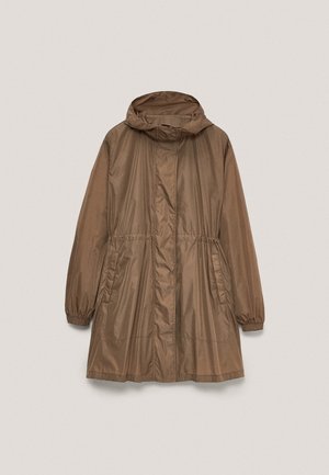 Brown hooded raincoat with long elastic cuffs and side pockets, cinched waist, front zipper concealed by a flap.
