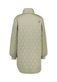 Quiltad olivgrön jacka med hög krage, långa ärmar och elastiska muddar. Har ett subtilt diamantmönster och en liten logotyp på baksidan.