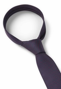 Navy tie with a textured pattern, featuring small red accents. Classic design with a smooth finish, suitable for formal occasions.