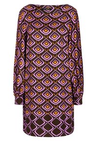 Långärmad klänning med ett geometriskt mönster i lila, orange och brunt, med diamantformer mot en mörk bakgrund.