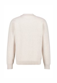 Light beige sweater, knit fabric, crew neckline, long sleeves, ribbed hem and cuffs, smooth texture, casual design without visible patterns.