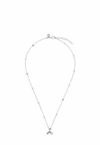 Collar de cadena plateada con cuentas multicolores y un colgante con forma de arcoíris con una estrella, que muestra detalles y texturas vibrantes.