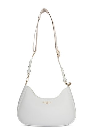 Borsa a tracolla in pelle bianca con tracolla regolabile e accessori dorati, con un piccolo logo dorato al centro davanti.