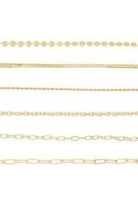 Seven gold chains displayed, featuring various designs: round discs, flat, twisted, and oval links, showcasing smooth, shiny finishes.