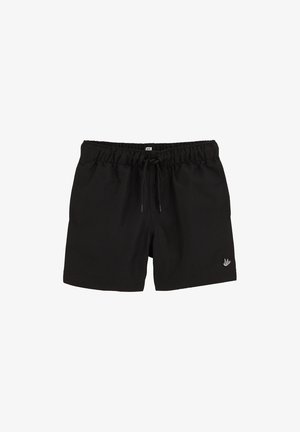 Mustad vabaaja lühikesed püksid elastse vöökohaga, nöörsidemega, küljetaskutega ja vasakul jalal väikese valge tikitud linnu logoga.