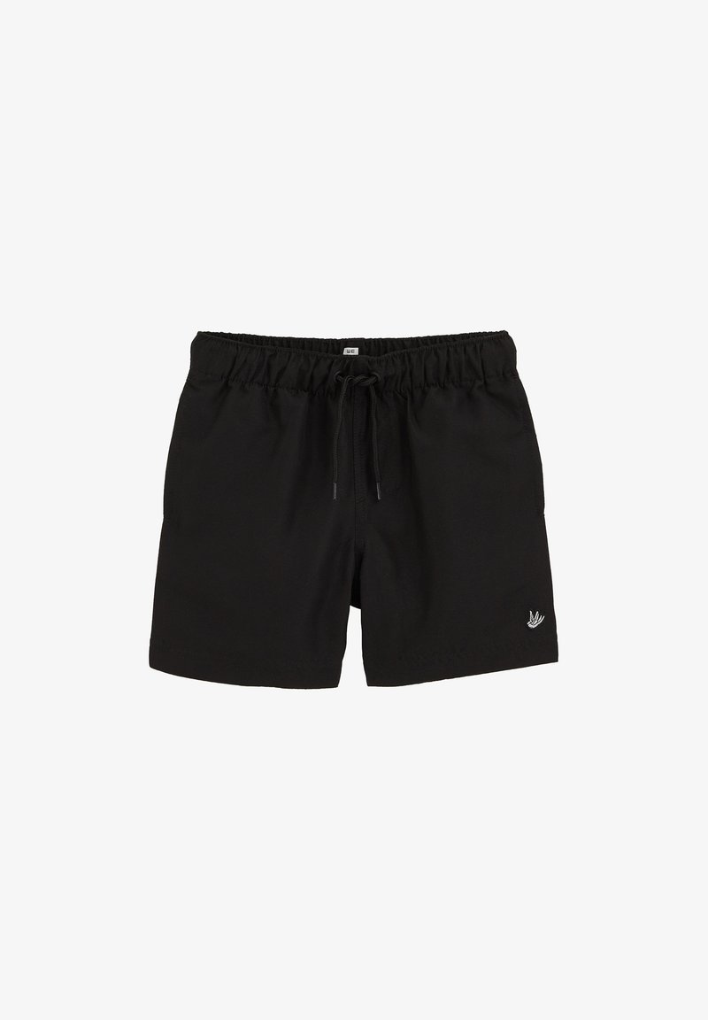 Shorts décontractés noirs avec taille élastique, cordon de serrage, poches latérales et petit logo d'oiseau blanc brodé sur la jambe gauche.