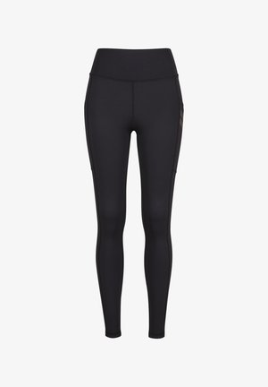 Schwarze Leggings aus dehnbarem Material, mit hohem Taillenbund, seitlichen Taschen und dezenten Streifen entlang der Außenseiten.