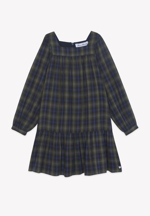 Robe à manches longues avec motif à carreaux vert foncé et bleu marine, encolure carrée, jupe froncée et petit détail en forme de cœur près de l'ourlet.
