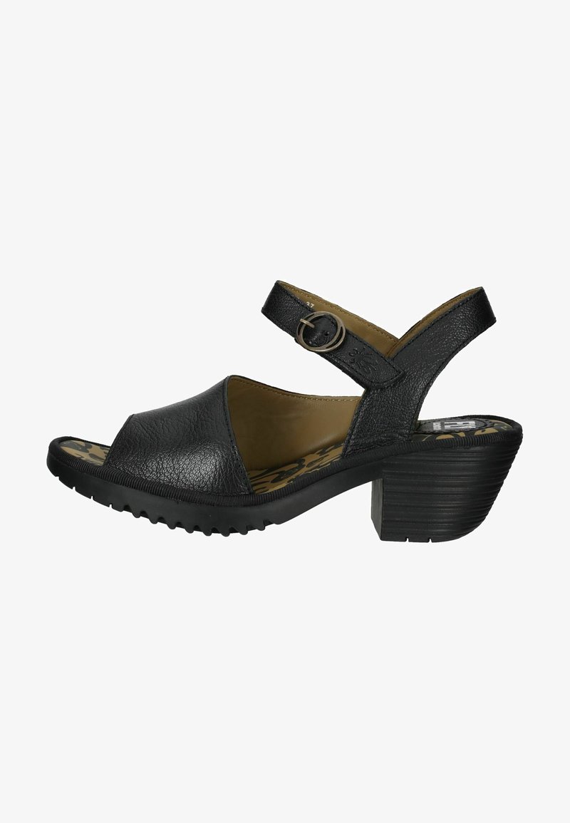 Black leather sandal with an open toe, adjustable ankle strap, and a textured rubber heel. Features cushioned insole with a leopard print pattern.