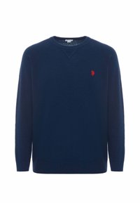 Maglione navy in tessuto morbido, con collo a giro, maniche lunghe e un piccolo logo rosso sul lato sinistro del petto. Polsini e orlo a coste.