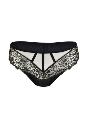 Czarne koronkowe bielizna z przezroczystym siatkowym przodem, ozdobionym haftem kwiatowym, w kształcie litery V oraz z paskowymi akcentami w pasie.