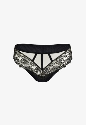 Czarne koronkowe bielizna z przezroczystym siatkowym przodem, ozdobionym haftem kwiatowym, w kształcie litery V oraz z paskowymi akcentami w pasie.