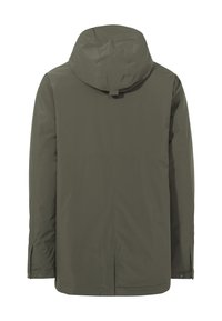 Veste imperméable vert olive avec capuche, dotée d'une coupe droite, de deux poches latérales et de fermetures à pression aux poignets. Texture lisse.