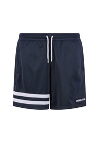 Shorts de bain navy en tissu léger, dotés d'une taille avec cordon de serrage, de rayures blanches sur les côtés et d'un patch avec "UNFAIR ATHL." au bas.