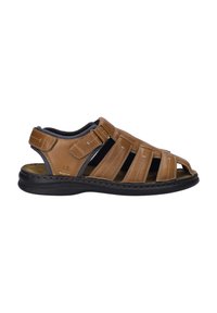 Brown leather sandals with open-toe design, adjustable straps, and a cushioned footbed. Features black rubber sole and tonal stitching accents.