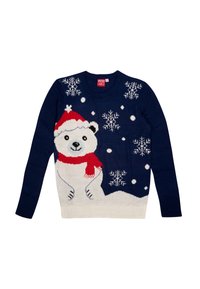 Maglione blu navy con un design di un orso polare. Presenta un cappello rosso, una sciarpa e fiocchi di neve bianchi su uno sfondo blu. Texture a maglia.