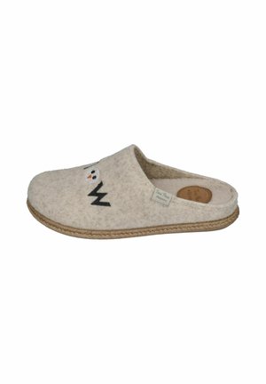 Beige felt slippers with a soft texture, featuring an embroidered face design and a braided jute-like sole for grip.