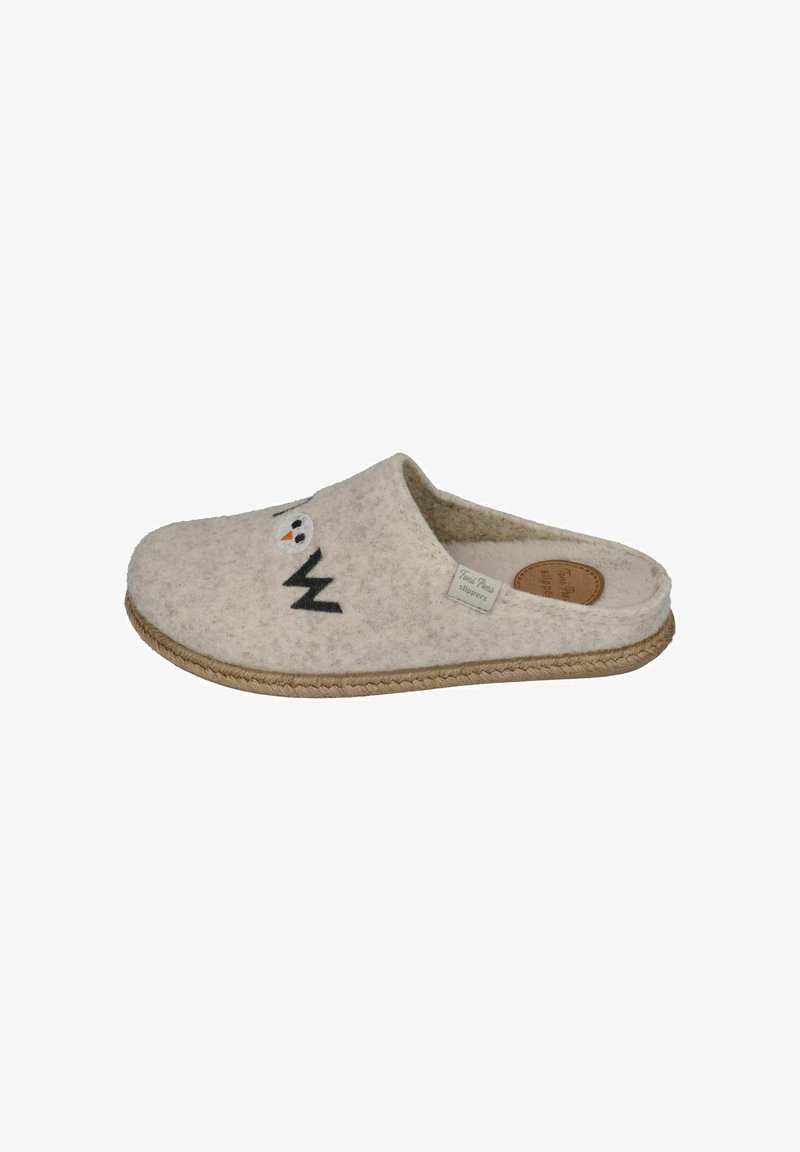 Beige felt slippers with a soft texture, featuring an embroidered face design and a braided jute-like sole for grip.