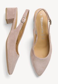Růžové semišové slingback boty s špičatou špičkou a blokovým podpatkem o výšce 3 cm. Mají boční přezku a výřezový design pro větrání. Velikost 37.