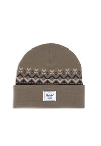 Berretto a maglia marrone con risvolto, caratterizzato da un motivo in beige e blu navy. Include un'etichetta bianca del marchio davanti.